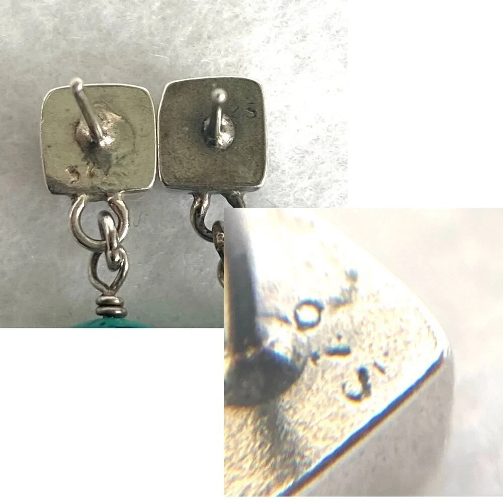 Sterling Silver 925 Southwest Style Beaded Turquoise Square Stud Dangle Earrings